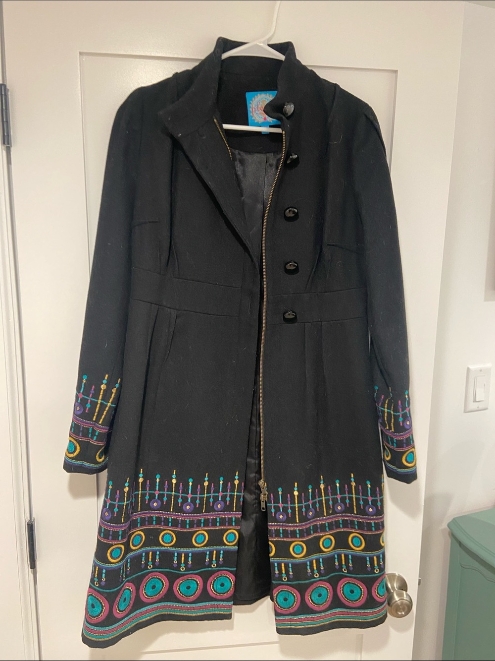Plenty by Tracy Reese Black Trench Coat with Multicolor Embroidered Hem